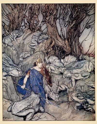 In the forked glen into which he slipped at night-fall he was surrounded by giant toads, illustration from 